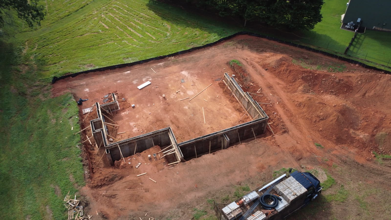 Forsyth new build - Foundation walls, aerial view
